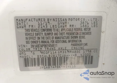 2019 Nissan Sentra S from USA, damaged, VIN 3N1AB7AP8KY454611